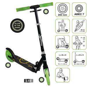 Muuwmi Tretroller mit LED-Leuchtrollen und Glow-Effekt, höhenverstellbar, GS-geprüft.