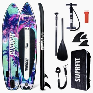 Suprfit Stand-Up Paddling Board Sunset Vice Komplettset mit tropischem Palmen-Design in Blau, Pink, Türkis. Inkl. Paddel, Pumpe, Finnen, Rucksack.