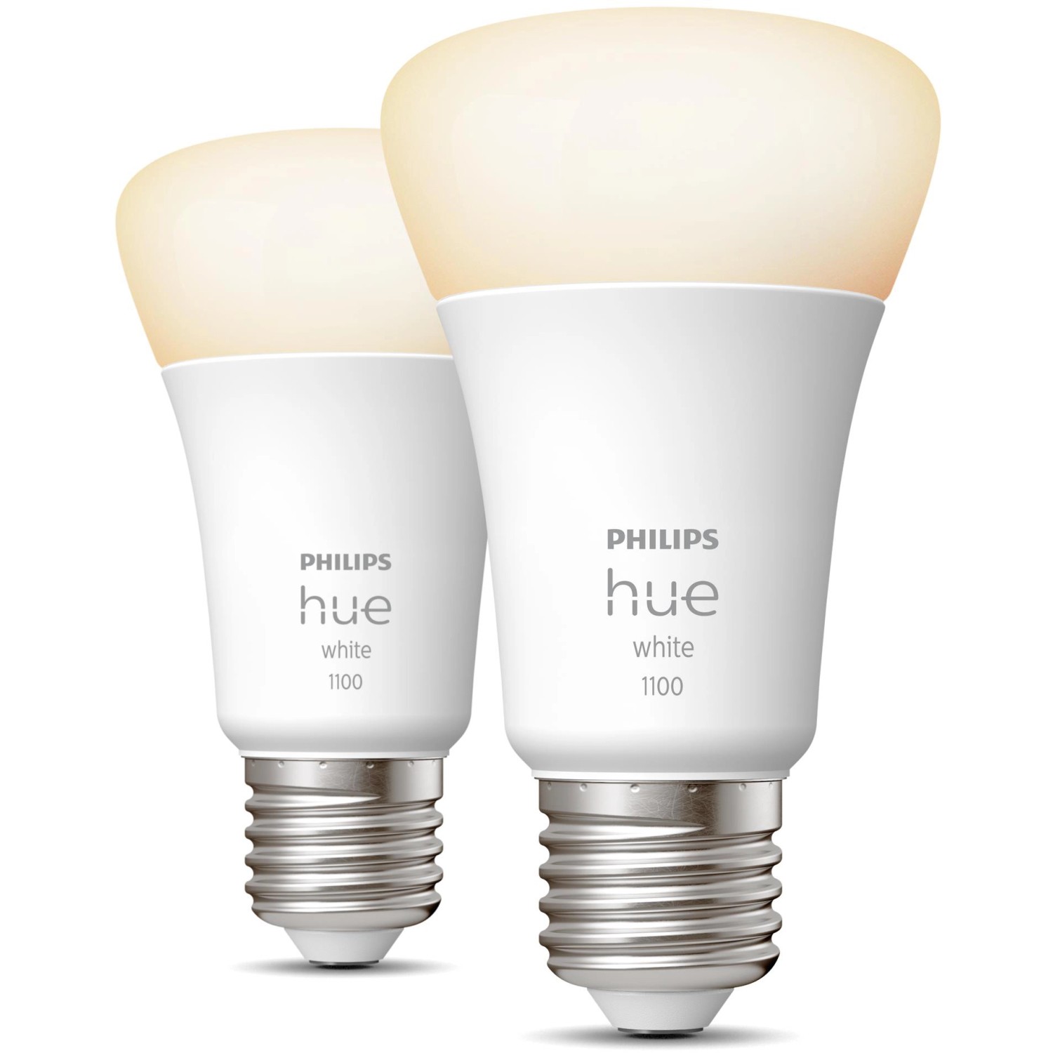 Zwei Philips Hue White E27 Leuchtmittel mit warmweißem Licht.