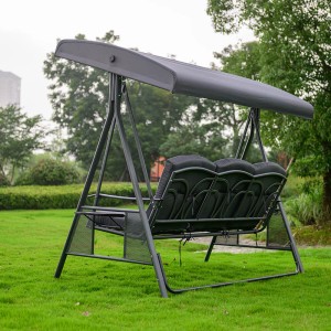 Graue Home Deluxe Hollywoodschaukel Descanso mit Dach, Kissen und Getränkeablagen im Garten.