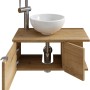 Pelipal Einzelwaschtisch Serie 6915, 61 cm, Eiche Dekor mit weißem Aufsatzwaschbecken und geöffneten Türen.
