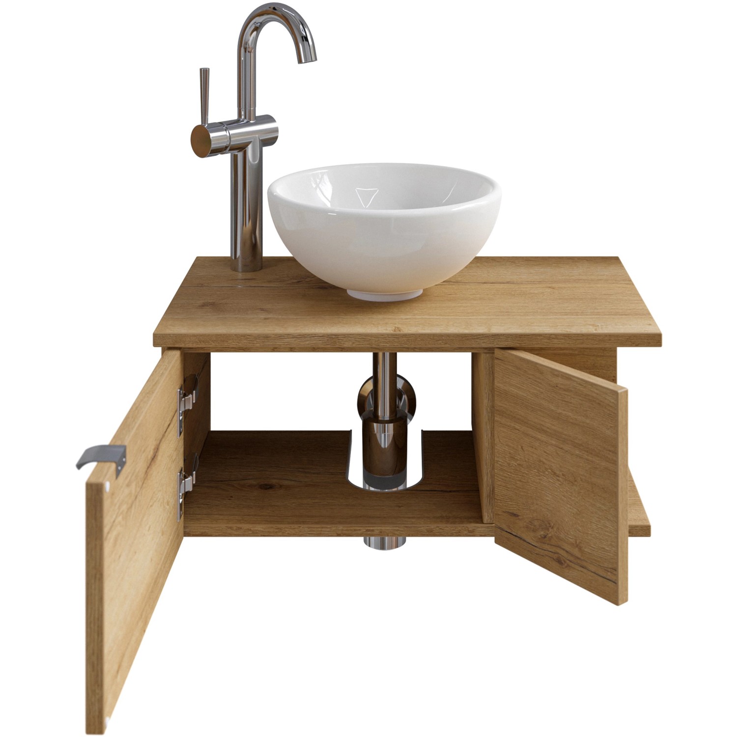 Pelipal Einzelwaschtisch Serie 6915, 61 cm, Eiche Dekor mit weißem Aufsatzwaschbecken und geöffneten Türen.