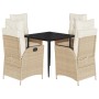 5-tlg. Garten-Essgruppe mit Kissen, beige Poly Rattan, mit schwarzem Tisch und 4 Stühlen.