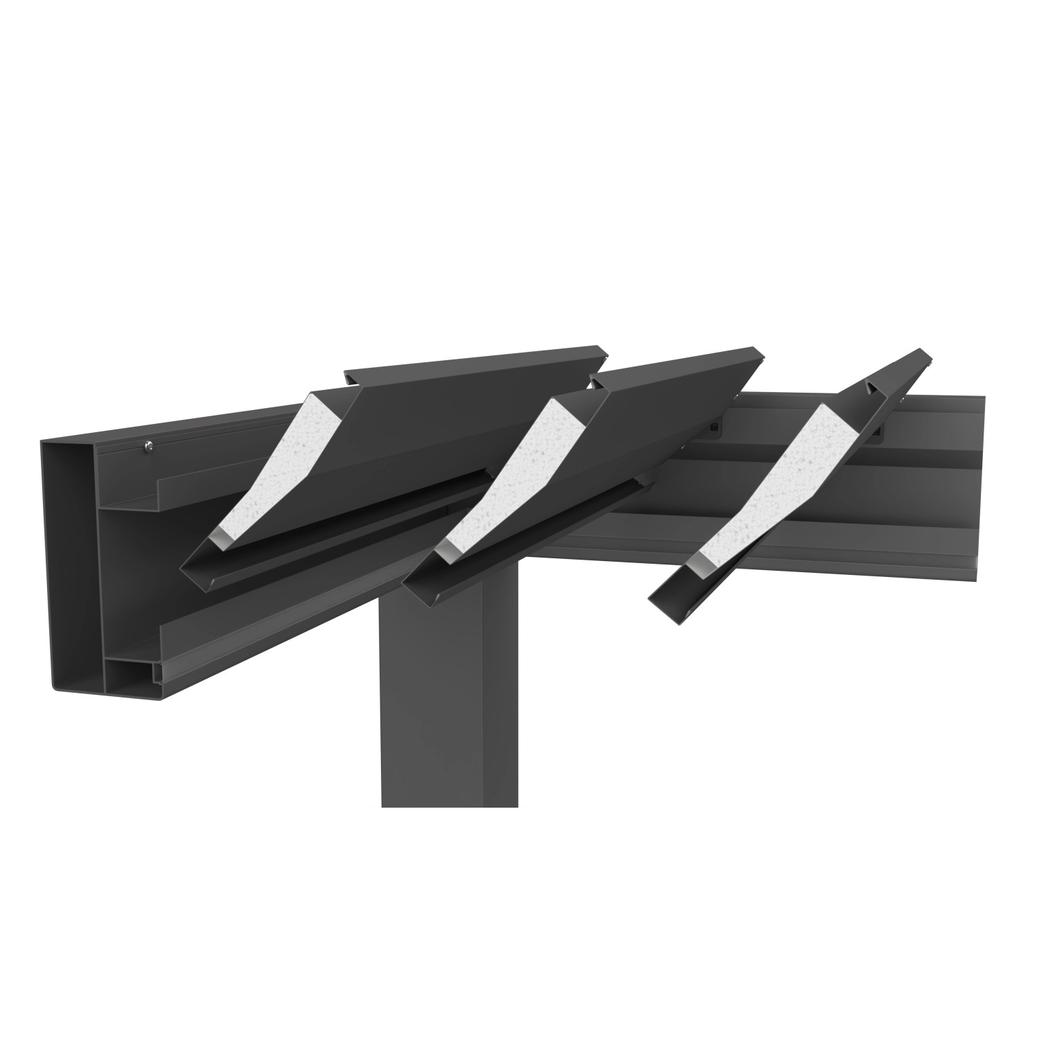 Detailansicht der Biohort Pergola in Dunkelgrau-Metallic mit verstellbaren Lamellen.