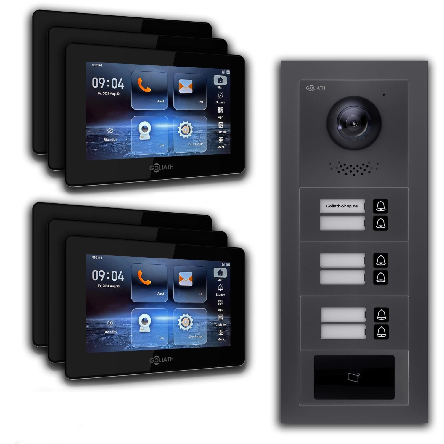 Goliath IP Video Türsprechanlage 6 Familienhaus 7 Zoll Schwarz RFID App Anthrazit Unterputz