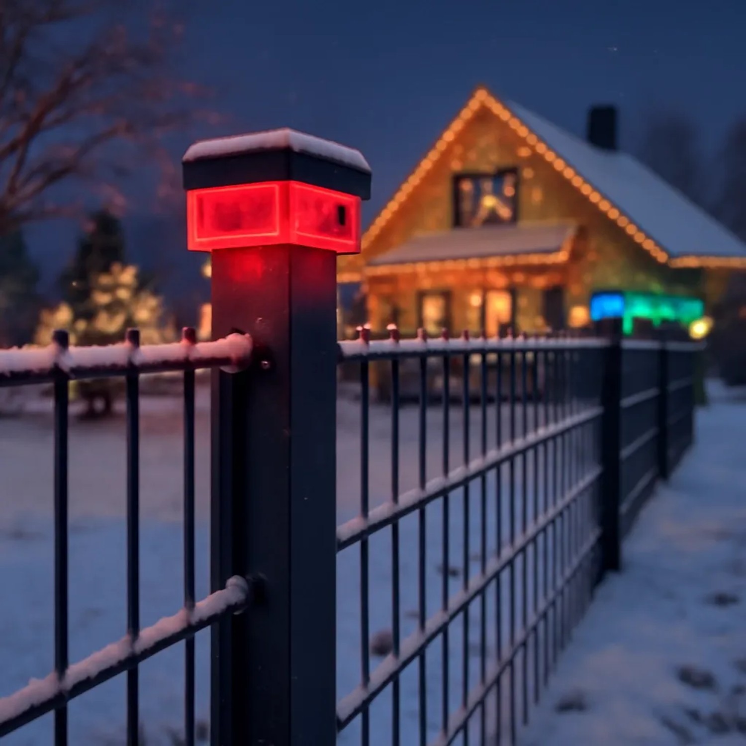 Rote 6040 Solar Zaunleuchte für 60x40 Pfosten auf schneebedecktem Stabmattenzaun, buntes LED-Licht.