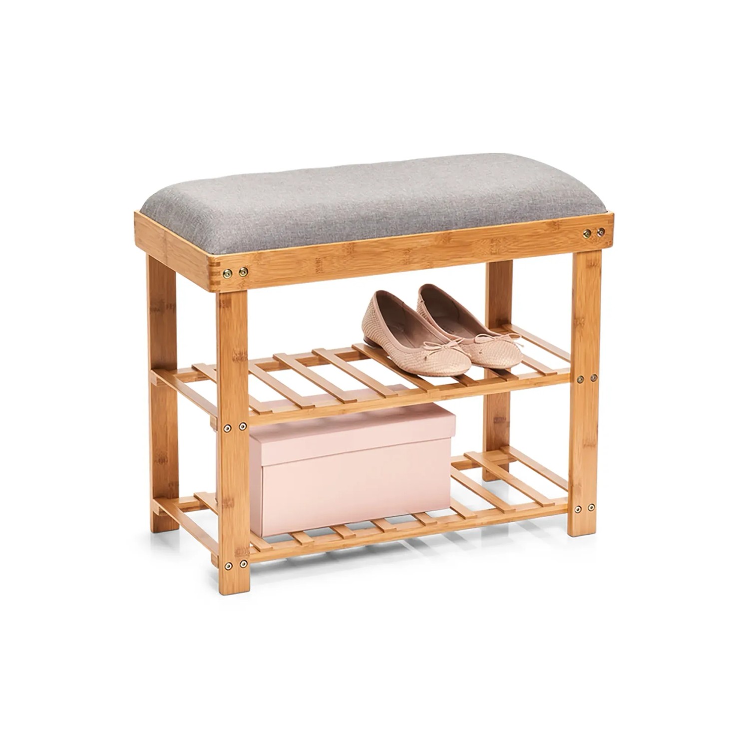 Schuhbank Zeller mit 2 Ablagen aus Bambus und grauem Polyester, 60x50x29cm.