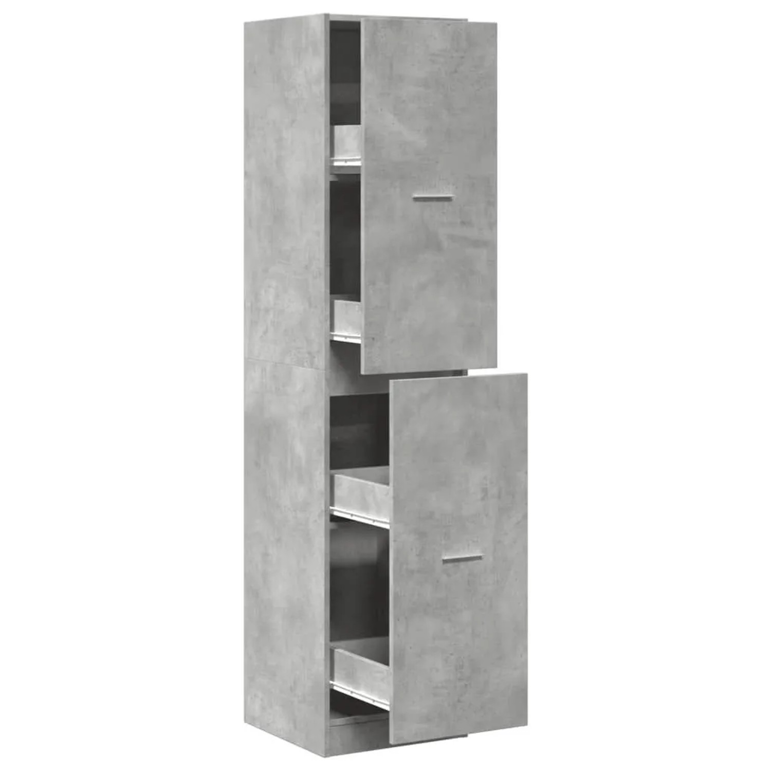 Betongrauer Apothekerschrank mit zwei offenen Auszügen. Schlanker Hochschrank aus Holzwerkstoff für Wohnzimmer.