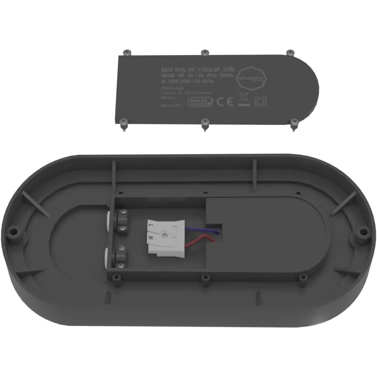 Oktaplex LED Ovalleuchte Base, 9W, neutralweiß, IP65, mit geöffnetem Gehäuse für die Verkabelung.