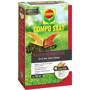 Compo Saat Rasen-Reparatur-Mix für 50 m², Packung mit Rasensamen und Dünger.