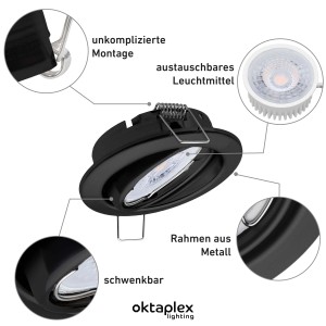 Oktaplex Dijon Einbauleuchte, 12er Set, schwarz, dimmbar, schwenkbar, mit LED Modul.