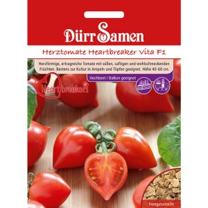 Dürr Samen Herztomate Heartbreaker Vita F1 Saatgut. Rote, herzförmige Tomaten auf der Packung.