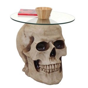 MCW Beistelltisch Totenkopf A19 mit runder Glasplatte und detailreichem Polyresin-Schädel als Fuß. Einzigartiger Wohnzimmertisch.