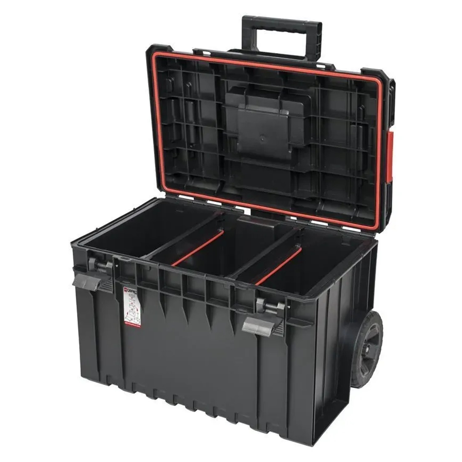 Offener, schwarzer PROREGAL QBRICK Werkzeugtrolley mit Teleskopgriff und Rädern.