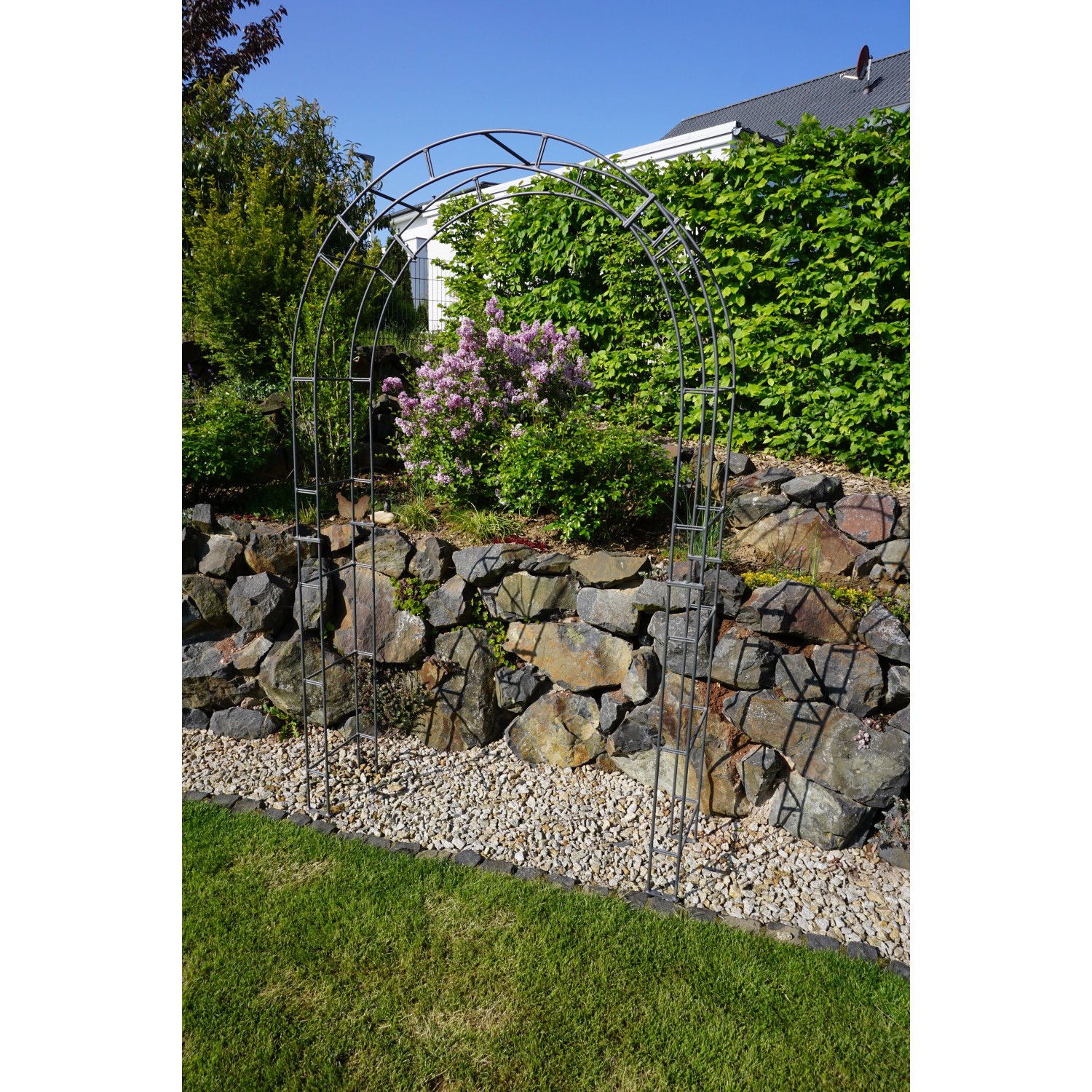 Anthrazit Rosenbogen Cremona (230x140x34cm) im Garten, Rankhilfe für Kletterpflanzen.