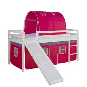 Homestyle4u Hochbett 90x200 mit Vorhang Lattenrost Rutsche und Tunnel in Weiß 2578
