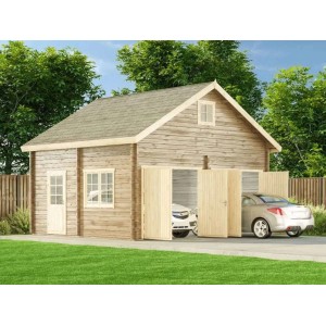 Doppelgarage Bora-70 ISO aus naturbelassenem Holz mit zwei Autos. Fertiggarage mit Satteldach.