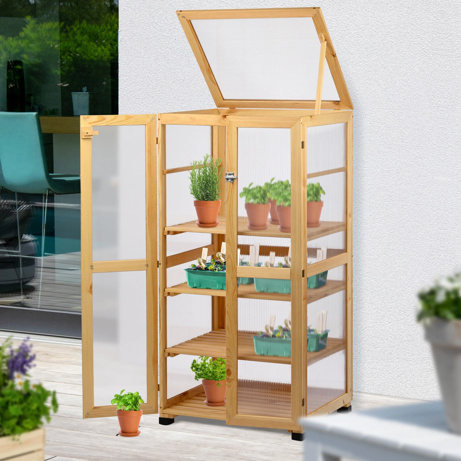 Dobar Anzuchtschrank Dome aus FSC®-Holz, Indoor Gewächshaus mit geöffneten Türen und Deckel.