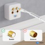 Weißes hb-digital SAT Kabel mit vergoldetem F-Stecker in SAT-Dose. Zeigt korrekten Anschluss für Satelliten-Anlagen, TV & Receiver.