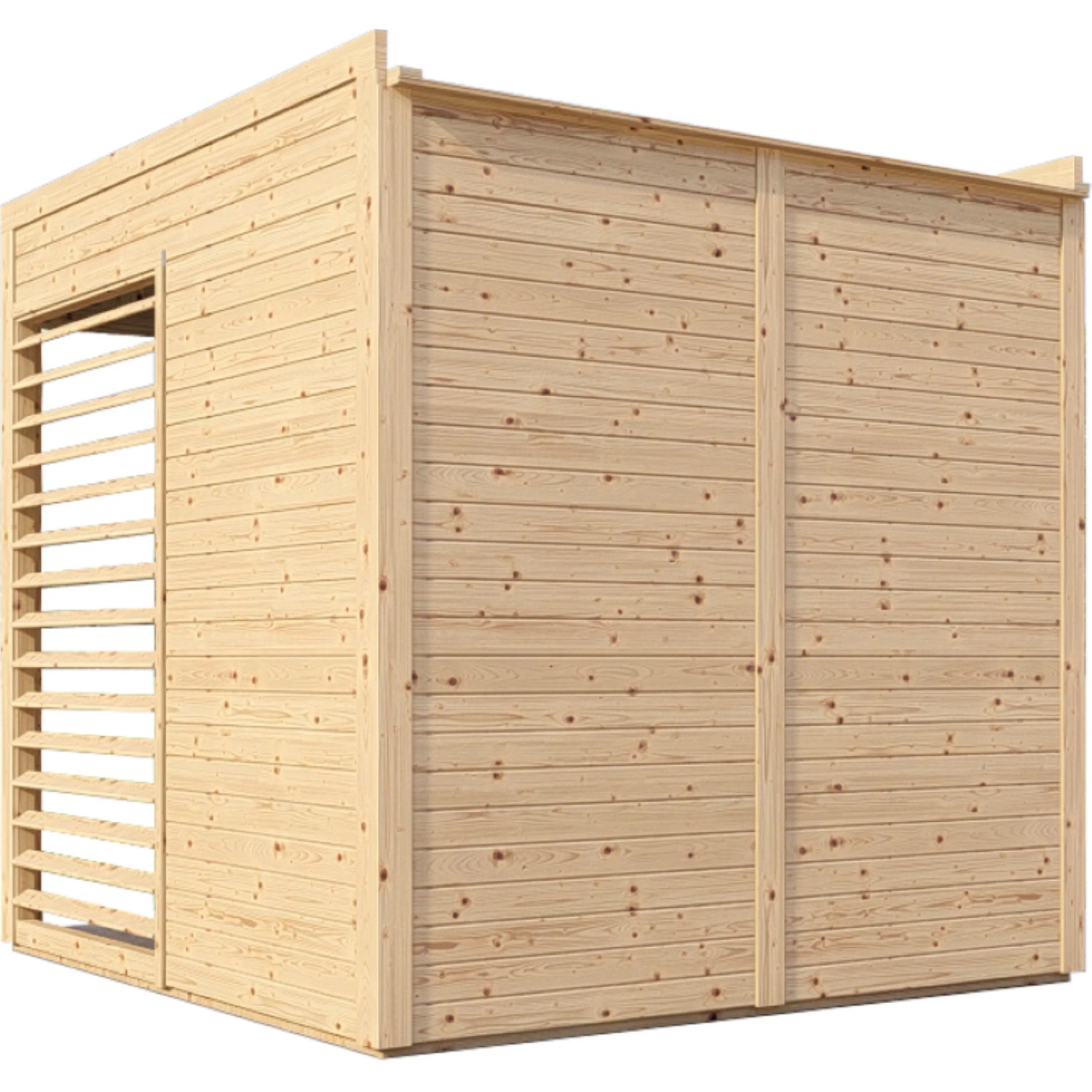 Bertilo Pavillon Garten-Lounge aus Holz, 234x226 cm, naturbelassen mit Lamellenwand.