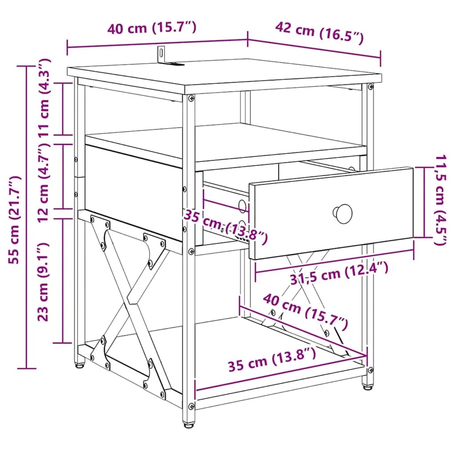 Nachttisch Artisan-Eiche 40x42x55 cm mit offener Schublade, Regal und Metallgestell. Moderner Beistelltisch aus Holzwerkstoff.