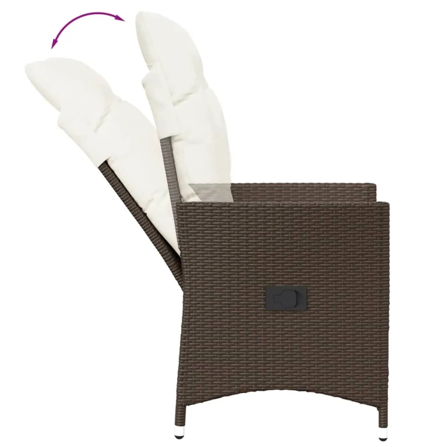 Verstellbarer, brauner Poly Rattan Gartensessel mit Kissen im Detail.