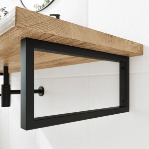 Schwarze HEVVA RHEIN Waschtischhalterung aus Metall, 2er Set, unter Holzplatte an weißer Wand. Für Aufsatzwaschbecken.