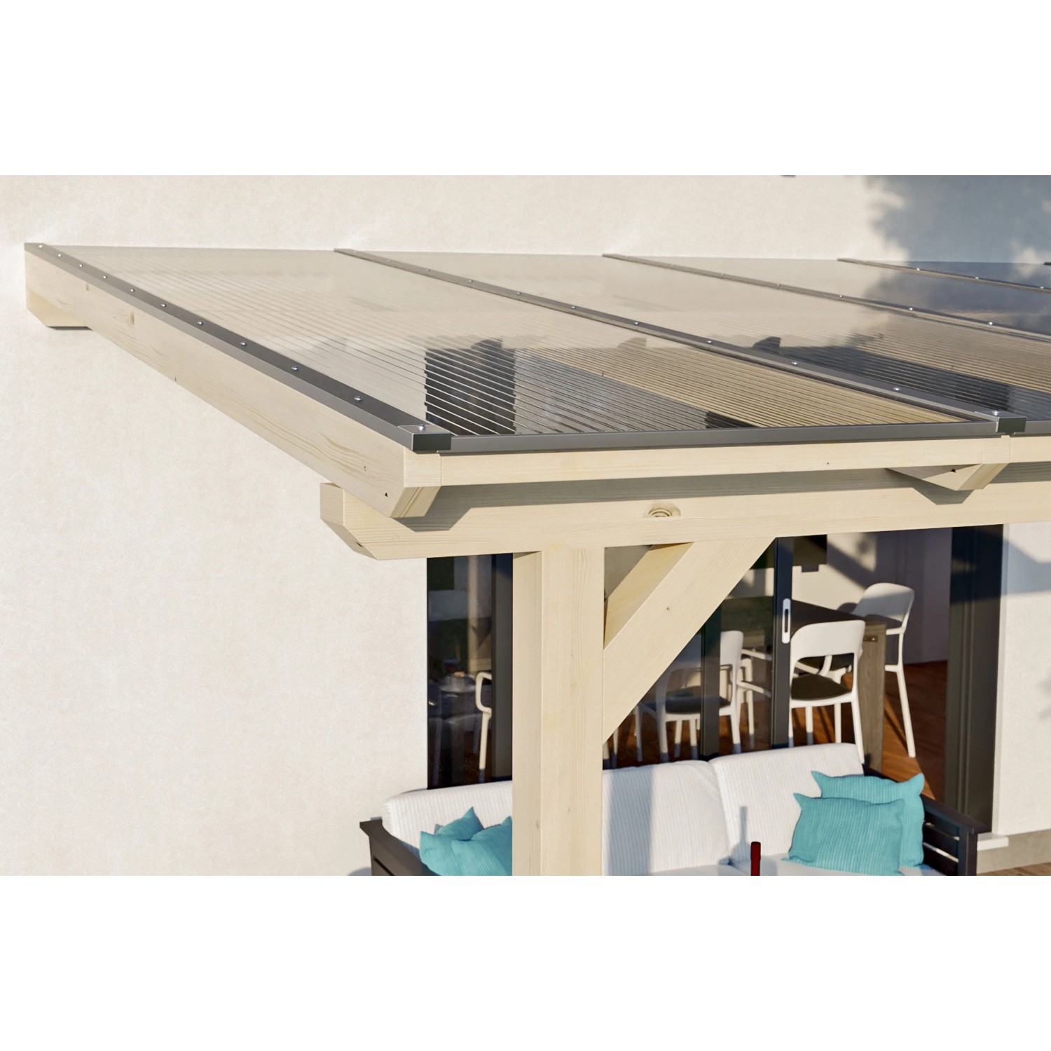 Skan Holz Terrassenüberdachung Andria mit klarer Polycarbonat-Eindeckung und unbehandeltem Leimholz.