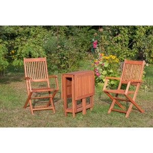3-teilige Gartenmöbelgruppe Rio aus Eukalyptusholz mit Klappsesseln und Klapptisch für Balkon/Terrasse.