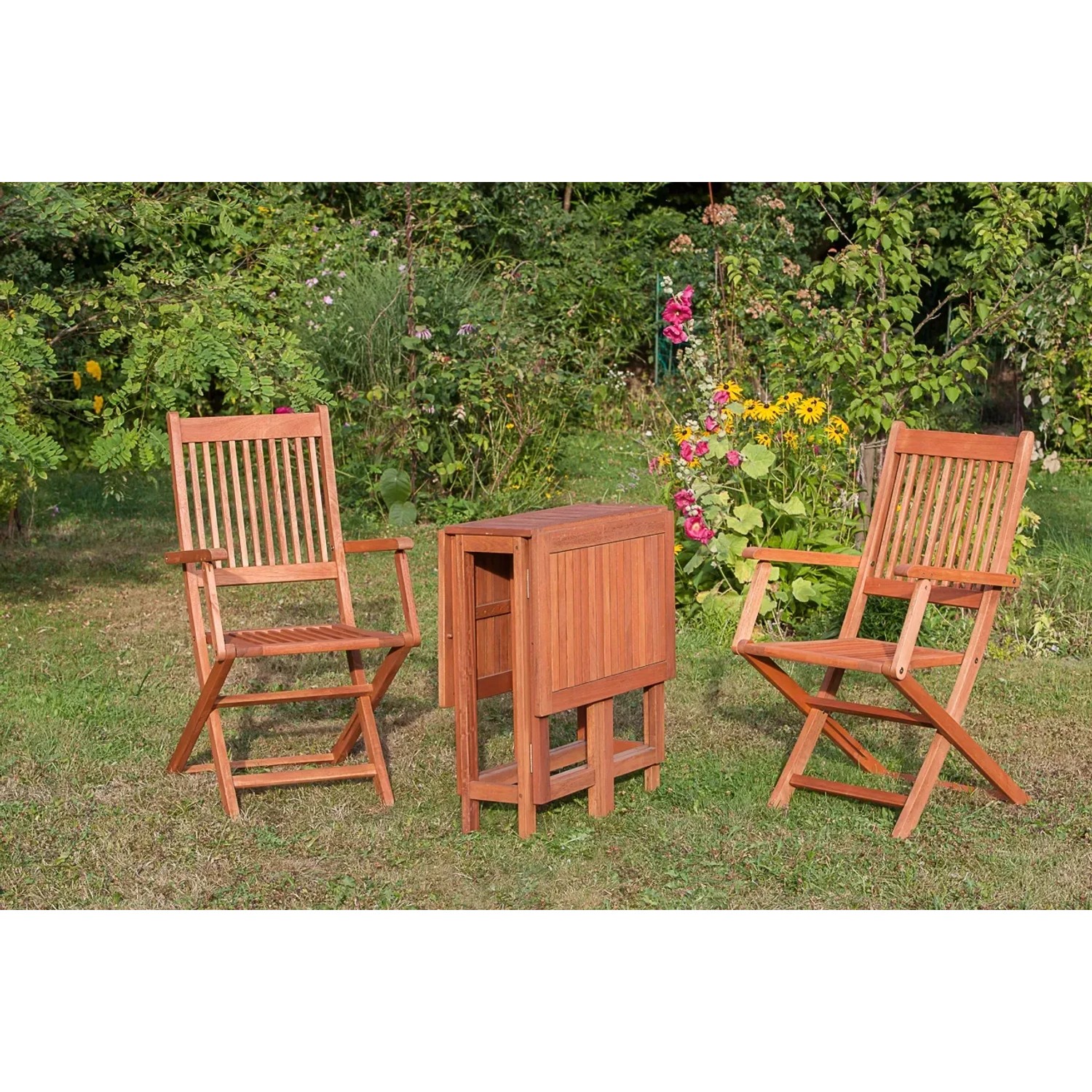 3-teilige Gartenmöbelgruppe Rio aus Eukalyptusholz mit Klappsesseln und Klapptisch für Balkon/Terrasse.