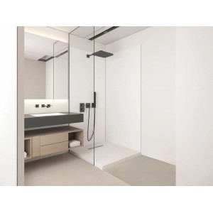 Weiße Wandpaneele für eine moderne Dusche, 90 cm breit, in einem minimalistischen Badezimmer.