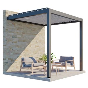 Wandmontierte Huun Pergola Piano in Anthrazit-Weiß, 300x300 cm, mit Lamellendach und Sitzbereich.