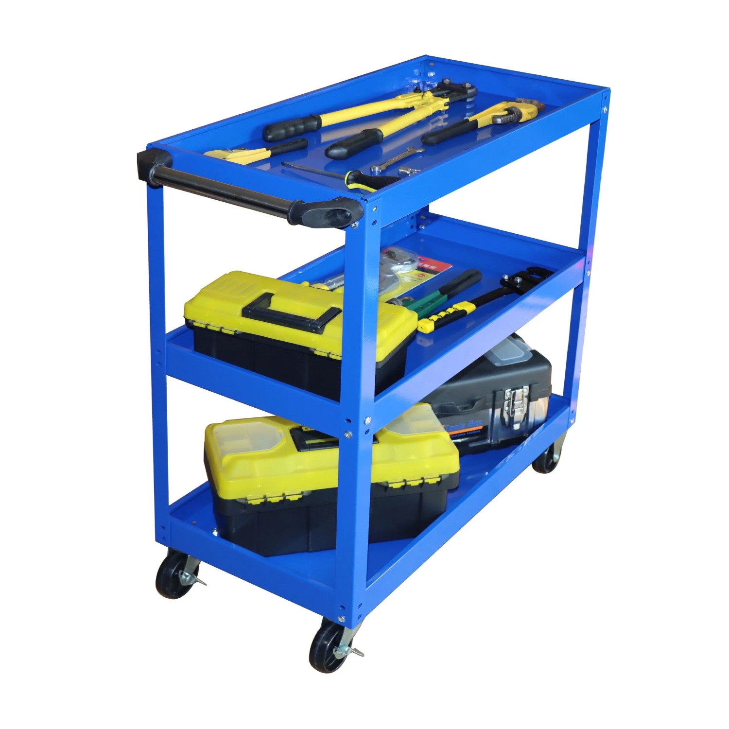 Relaxdays Werkstattwagen Stahl Blau mit 3 Ebenen 76 cm x 35 cm x 78 cm 100 kg