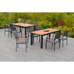 Merxx Paxos 11-tlg. Gartenmöbel-Set mit 2 Ausziehtischen und 10 Stapelsesseln aus Aluminium, Textil und Akazie.
