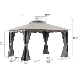 Grauer Sunjoy Pavillon Stoj Stoff, 336x402 cm, mit Vorhängen und Maßen.