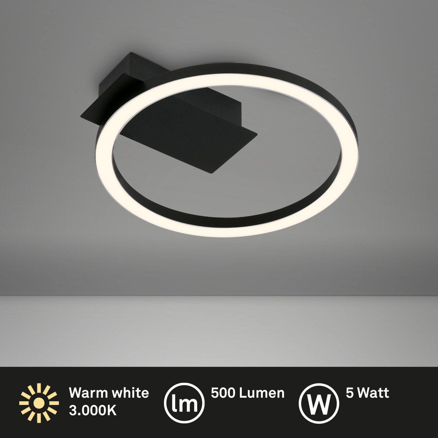 Moderne Brilo LED-Deckenleuchte Nici, schwarz, mit warmweißem Licht. Runde Form, ideal für Wohnräume.