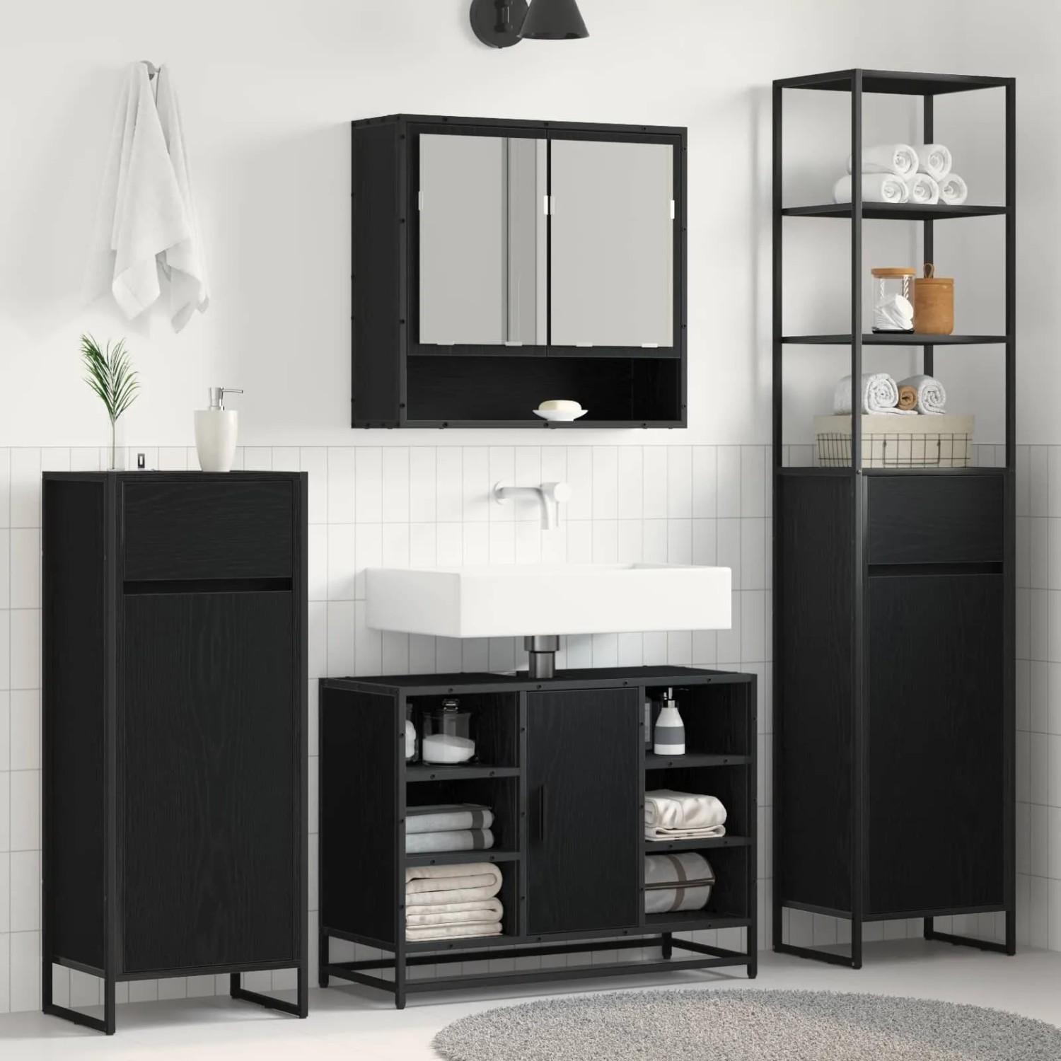vidaXL Badschrank in Schwarz Eichen-Optik (40x30x180 cm) mit Tür, Teil eines Badezimmer-Sets.