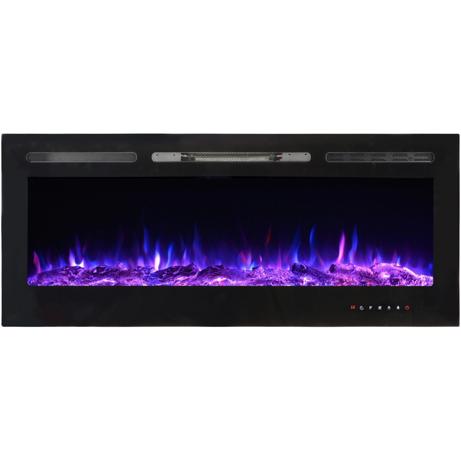 El Fuego LED Elektrokamin Luzern mit Heizung und dimmbaren Flammen in Violett und Blau.