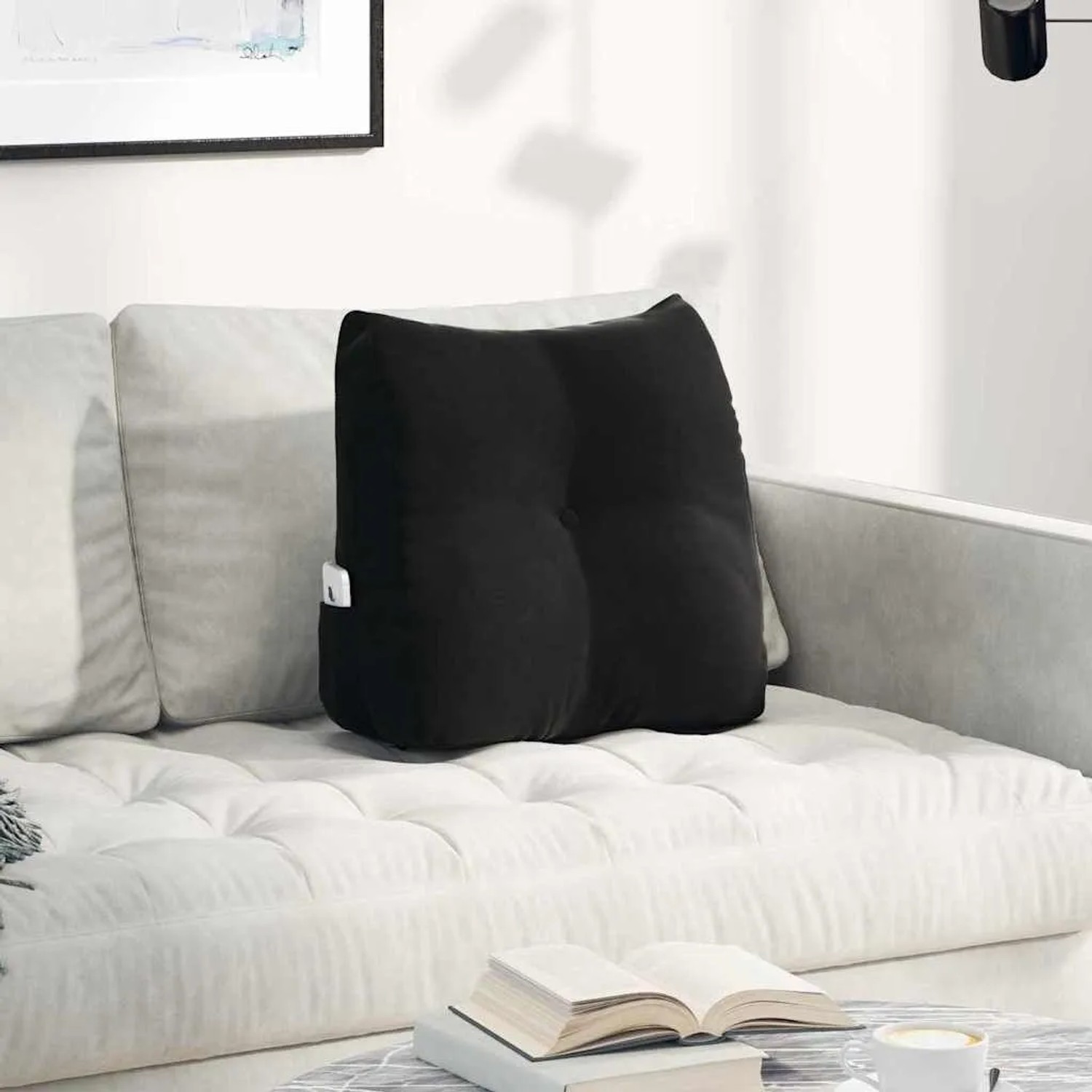 Schwarzes vidaXL Rückenkissen aus Samt (45x24x50 cm) auf Sofa, mit Seitentasche.
