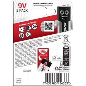 Energizer Max 9V E-Block Alkaline-Batterie, 2er-Pack. Zuverlässige Stromversorgung für Geräte.
