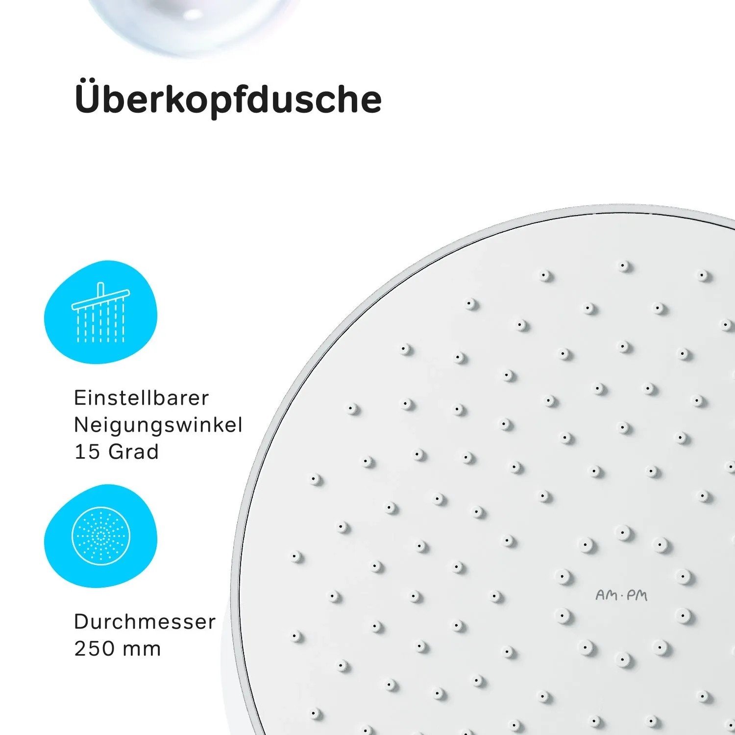 Runde AM.PM Überkopfdusche, 250mm Durchmesser, mit vielen Düsen und 15 Grad Neigungswinkel. Chrom Duschsystem.