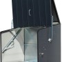 Geöffnete Trimetals Aufbewahrungsbox Stowaway in Anthrazit, ideal für Fahrräder und Gartengeräte.