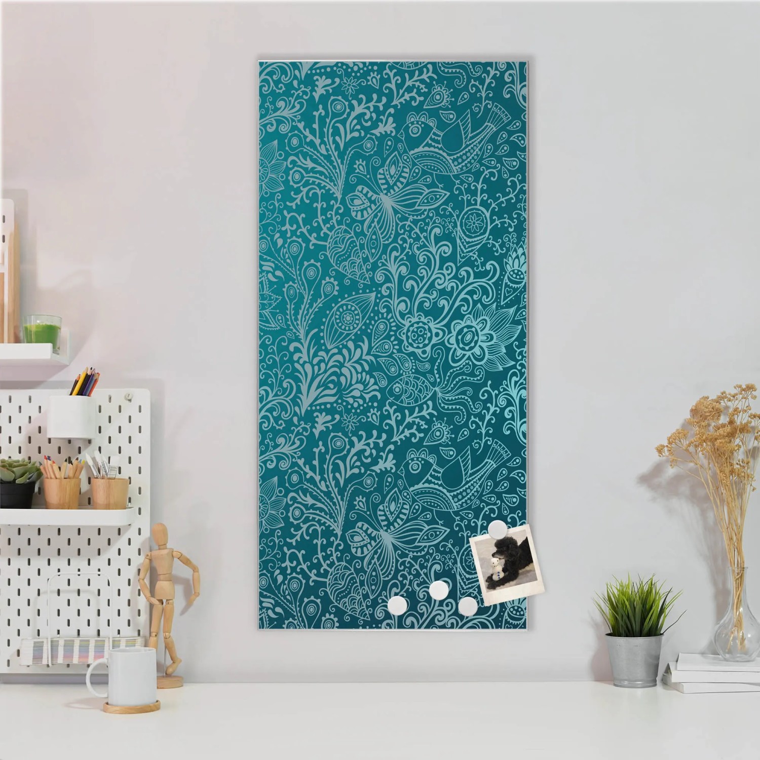 Banjado Magnettafel 37x78cm mit Mandala Landschaft Motiv, silberne Magnetwand für Notizen und Fotos.