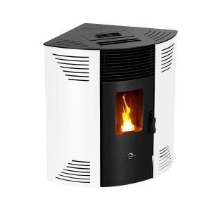 Sannover Eck-Pelletofen Iseos 12,2 kW, weiß-schwarz, mit sichtbarer Flamme. Moderner Pelletkaminofen für Ihr Zuhause.