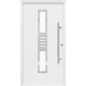 Weiße Haustür Thermospace Köln Prime mit Edelstahlgriff und satiniertem Glaseinsatz.
