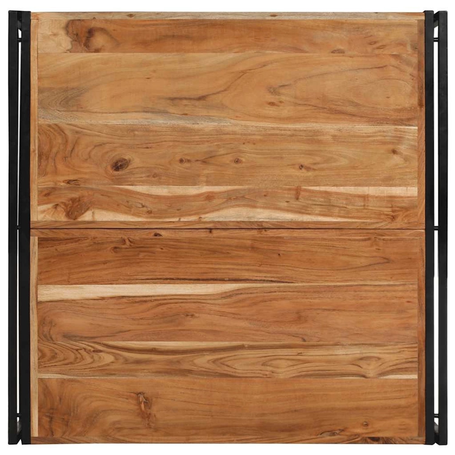 Quadratischer Couchtisch aus Akazienholz mit schwarzem Metallgestell. Wohnzimmertisch im Industrial Design.