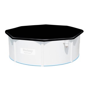 Bestway PVC Poolabdeckplane, schwarz, rund, auf weißem Pool. Schützt vor Laub und Schmutz.