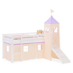 Weißes Kinder Hochbett 90x200 aus Massivholz mit Rutsche, Turm und beigem Vorhang mit lila Akzenten.