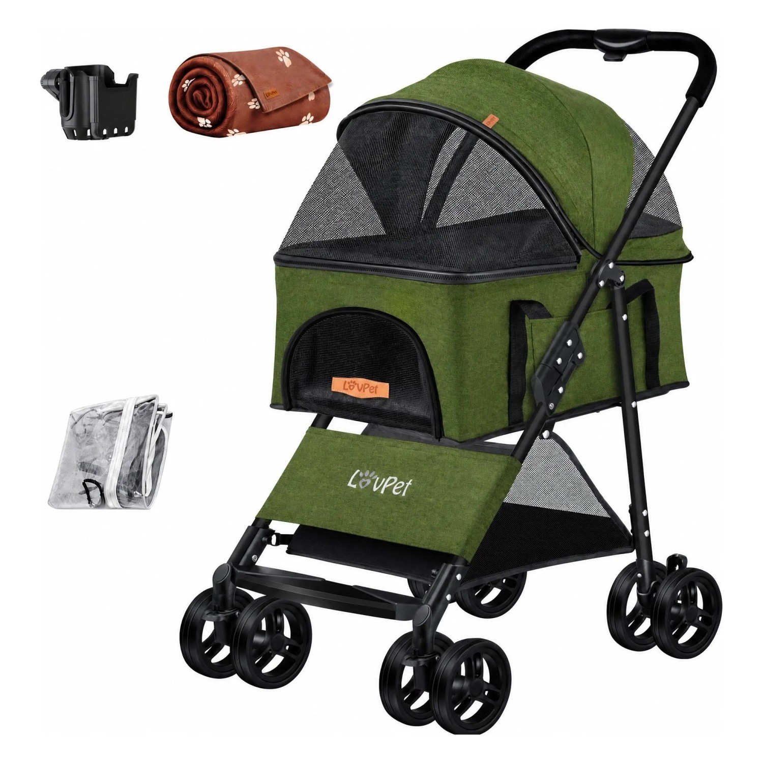 LOVPET Hundewagen 2in1 Hundebuggy Faltbar Bis 20 kg inkl. Netzfenster Khaki