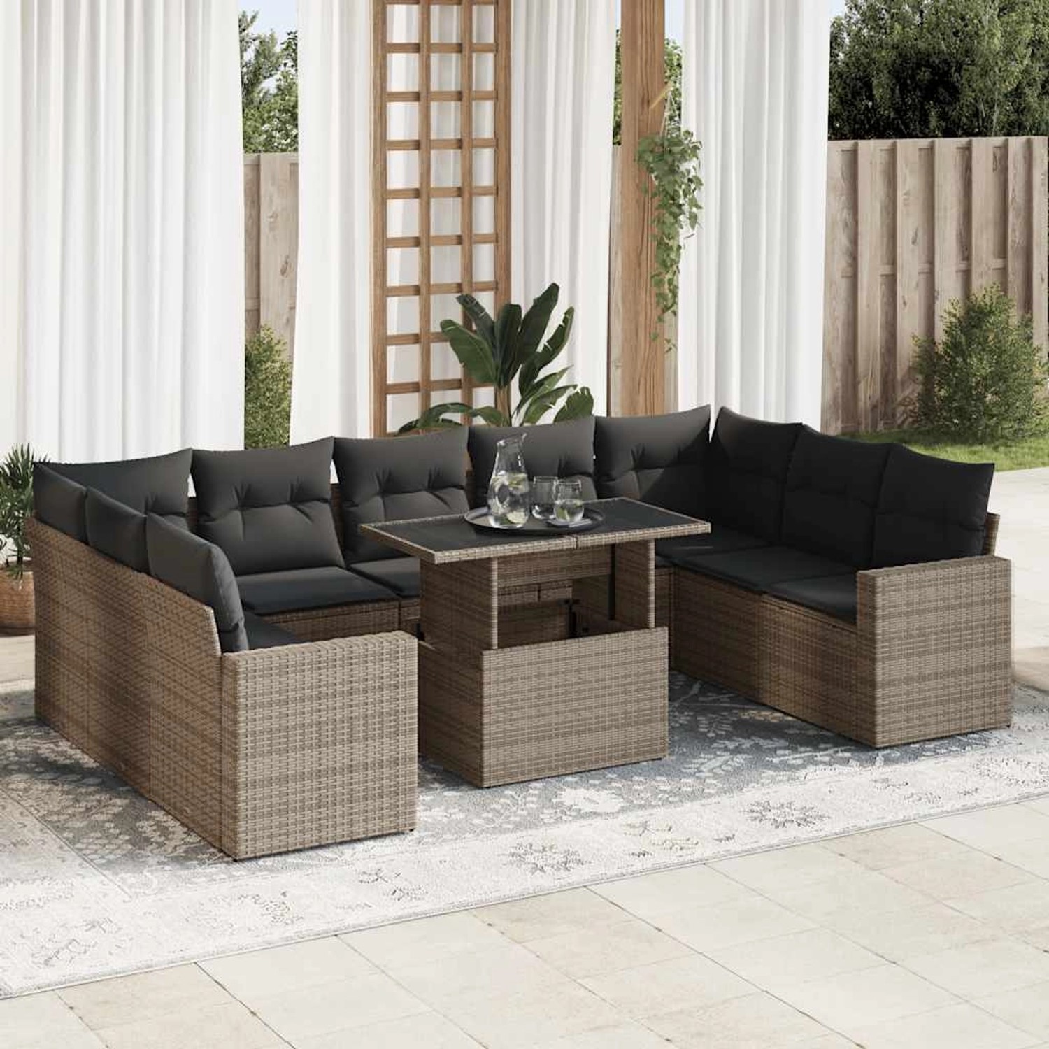 Graue 10-tlg. vidaXL Garten-Sofagarnitur aus Polyrattan mit Tisch und Kissen.